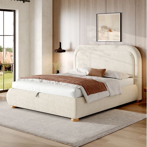 Cama arca 140x190 cm - Cama doble - Con cabecero tapizado - Con somier de lamas - En bouclé - Beige (1/5)
