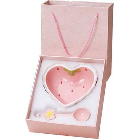 Bol rose en céramique cœur fraise rose, joli bol à dessert cuit à haute température avec cuillère pour salade, 1 bol + 1 cuillère (1/5)