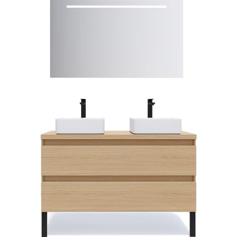 Meuble de salle de bain suspendu 2 vasques à poser 120cm 2 tiroirs Chêne clair + miroir - Hudson (1/5)