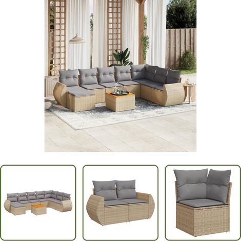 vidaXL Gartensessel - 9-tlg. Garten-Sofagarnitur mit Kissen Beige Poly Rattan (1/5)