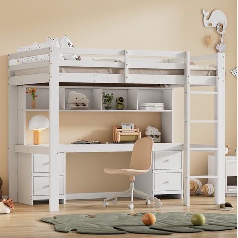 Bett Hochbett modern 90x200 cm aus Kiefer und MDF in Weiß, mit Schreibtisch, 4 Schubladen und 4 Ablagefächern (1/5)