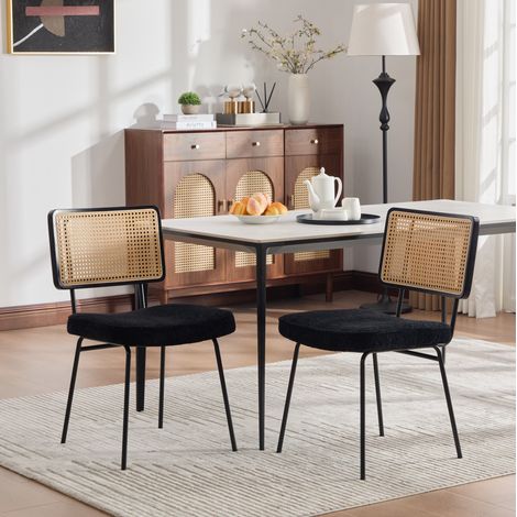 REDOM - Juego de 2 sillas de comedor sans accoudoirs, dossier aspect rotin, pieds métalliques réglables, chenille negras (1/5)