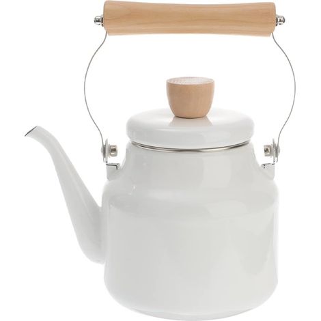 Théière émaillée vintage Bouilloire à thé rétro Bouilloire à induction avec poignée en bois Blanc Cafetière pour la maison, la cuisine, le gaz, la cuisinière à gaz E 1,8 l (1/5)