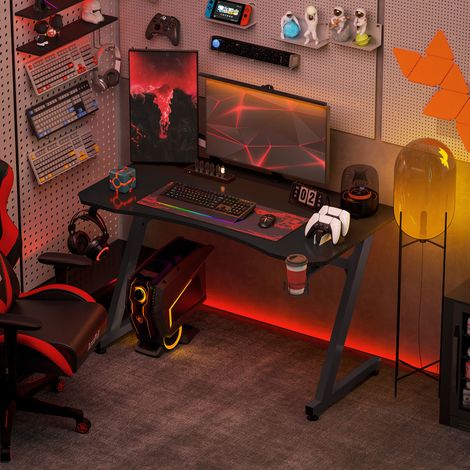 Noir 120x65x74,5 cm - Table de jeu ergonomique : bureau de jeu ergonomique pour ordinateur PC avec porte-gobelet, crochet casque et pieds