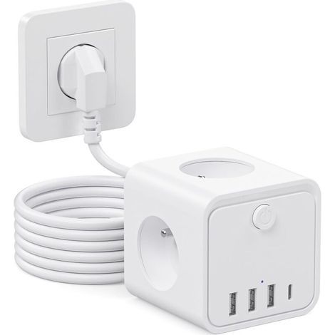 7 en 1 Multiprise USB Multiple 3 Prises Multiple avec 1 Type C et 3 Ports USB, 1.5m Cable Multiprise avec Interrupteur Parafoudre (1/5)