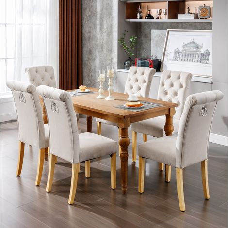 Esszimmerstühle 6er-Set aus Samt mit Eichenholzbeinen, gesteppter Rückenlehne, Beige HAVRYA (1/5)