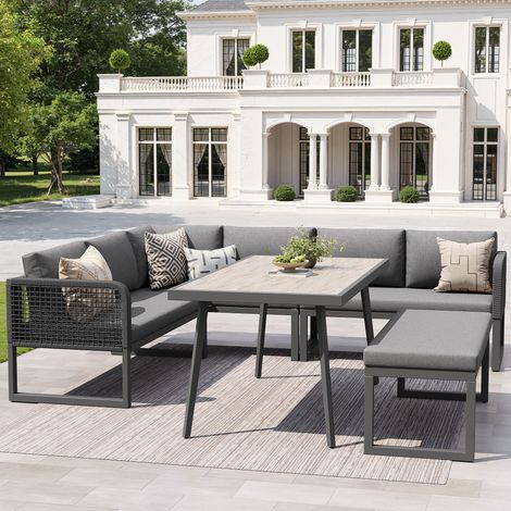 Salon de jardin modulable 6 places en PE rotin avec canapé, fauteuils, table et coussins épais, gris (1/5)