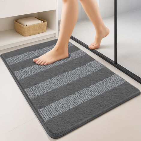 Lot de 2 Tapis de Bain Antidérapant en Chenille Microfibre Moelleux et Ultra Absorbant à Rayures Confortable Lavable en Machine pour Salle de Bain Douche Baignoire 60x90cm Gris (1/5)