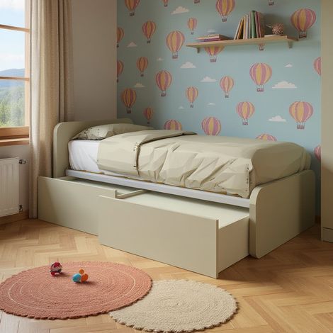 Letto singolo con cassetti 80x190 per cameretta - Design personalizzabile - Ecru cappuccino