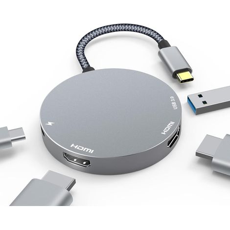 Adaptateur USB-C vers double HDMI, adaptateur USB Type-C vers double écran HDMI 4K à 60 Hz, hub adaptateur multiport USB-C compatible avec MacBook/Chromebook/SurfaceBook/XPS/ordinateur portable/téléph (1/4)