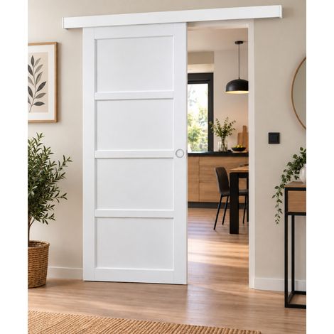 Porte Coulissante Tamera Blanc 4 Panneaux H204 X L63 Cm, Rail Alu Bandeau Blanc, Coquilles Blanc Gd Menuiseries (1/3)