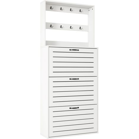 Zapatero con 3 puertas y 8 ganchos, 70 x 25 x 165 cm, blanco y negro (1/5)