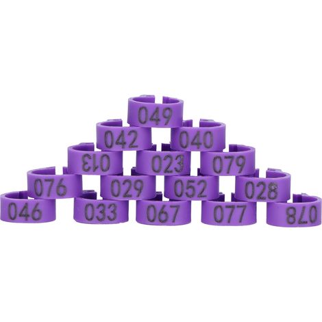 100 bagues d'identification numérotées pour oiseaux, bagues de patte pour pigeons, bagues à clip pour volaille, violettes (1/5)