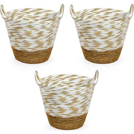 Cesti Portaoggetti Vimini e Corda Bianco Beige Maniglie cm 34 x34 x h30 Set da 3