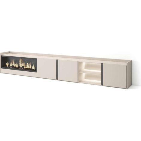 Mueble TV Benarrabá-02 de 315x50x35 cm con chimenea eléctrica y luces LED, color beige (1/4)