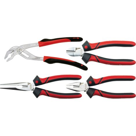 Jeu de 4 pinces professionnelles bi-matière – Coupante 160 mm, Universelle 180 mm, Demi-ronds 200 mm, Multiprise 240 mm – Poignées ergonomiques résistantes aux solvants (1/2)
