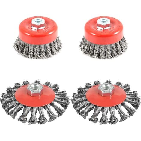 4 pieces wire cleaning brush, conical brush for angle grinder, twisted steel grinding brush, diameter of 75 mm and 100 mm, M14 (1/5)