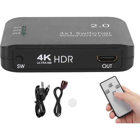 Commutateur d'interface multimédia haute définition 4K, adaptateur répartiteur 3 entrées 1 sortie, télécommande infrarouge HD, boîtier ABS et indicateur LED (1/5)