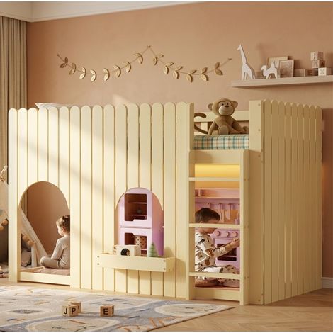 Letto a soppalco per bambini stile moderno 90x200 cm, legno massello+MDF naturale, con sponde, scala a 3 gradini e LED (1/5)