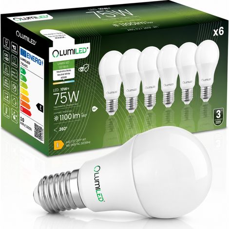 6 lampadine LED E27 A60 10W = 75W 1100lm 4000K Neutro 260° lumiled (1/5)