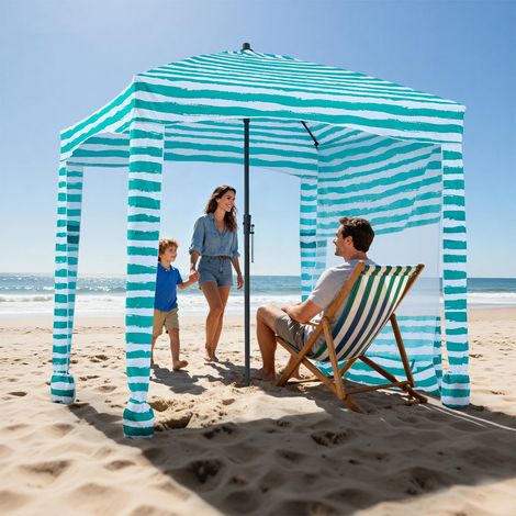 Tonnelle de Plage 1,83x1,83 m, Abri de Plage avec Parois Latérales et Poches à Sable, Tente de Camping Extérieur Portable, Protection UPF 50+, Hauteur Réglable, Ombrage Spacieux, Rayures Vertes (1/5)