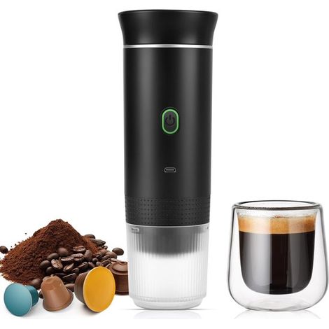 Cafetera portátil，Máquina de espresso portátil de viaje，Recargable，Máquina de espresso recargable de 12 V para camping y coche，Negra (1/5)
