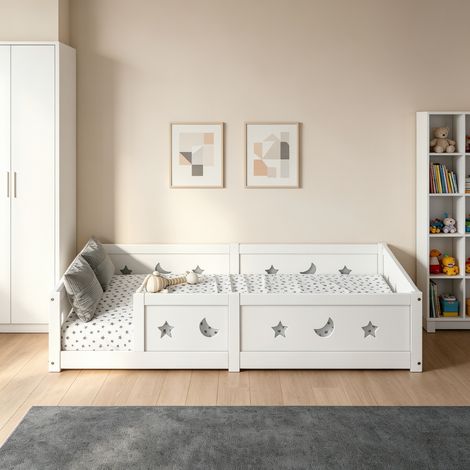Kinderbett 140x200 cm, Bodenbett mit mit Stern und Mondmotiv, Montessori Bett aus Massivem Kiefernholz, Modern und Schlicht mit Flexiblem Design, Weiß (ohne Matratze) (1/5)