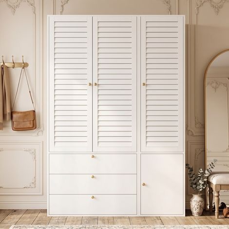Armadio guardaroba 135x50x200 cm, 3 ante a lamelle, 3 cassetti, 2 aste appendiabiti, pannello truciolare bianco (1/5)