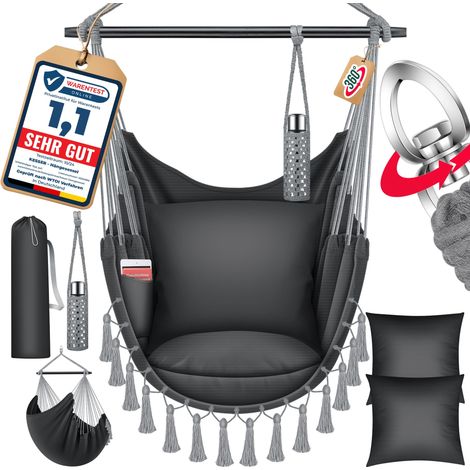 KESSER® Hängesessel mit 2 Kissen Getränkehalter & Bücherfach - Safari XXL Hängestuhl für Erwachsene & Kinder Hängematte bis 150 kg Hängesitz Anthrazit