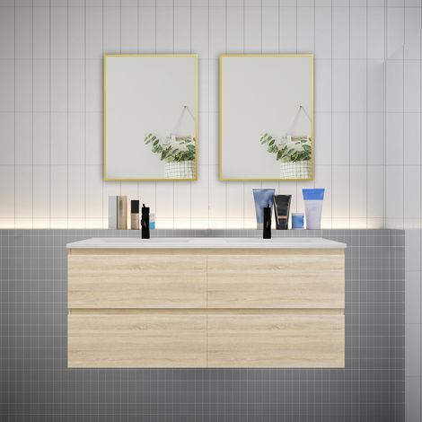 Meuble double vasque, 4t l.120 x W.46 x H.52 cm,Chêne,avec lavabo et 2xmiroir encadré-suspendu (1/5)