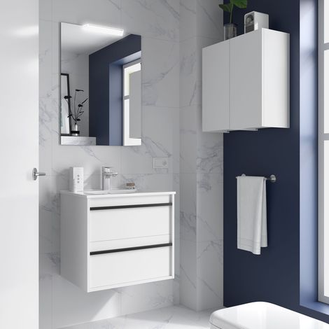 Badezimmermöbel ATTILA 600 2 Schubladen WHITE SATIN + Waschtisch + Spiegel