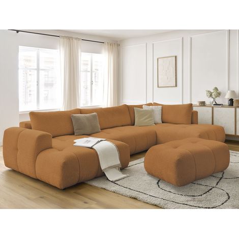 BOBOCHIC - Canapé panoramique convertible FUJI tissu bouclette avec pouf Angle gauche Jaune (1/5)