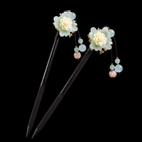 Fermaglio per capelli da donna in legno, stile cinese, composto da due pezzi, accessorio retrò con elegante nappa a forma di fiore. (1/4)