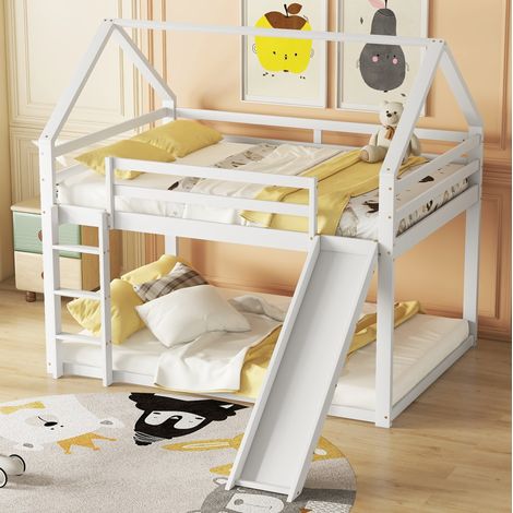 Letto a castello a casetta 140x200 cm con scivolo e scala, in pino, bianco, senza materasso (1/5)