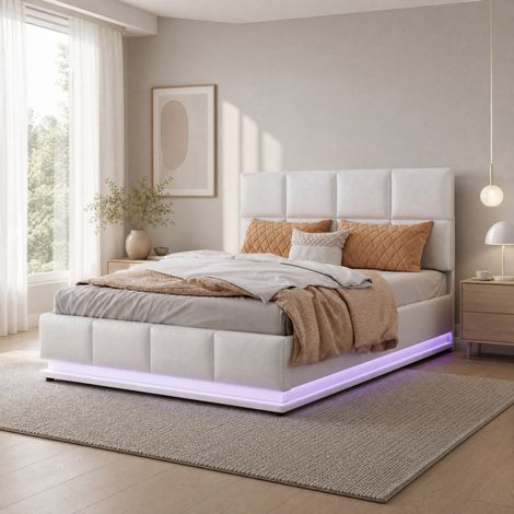 Letto contenitore 140x200 cm con LED, sollevamento idraulico, vano contenitore, bianco DESVIAE (1/5)