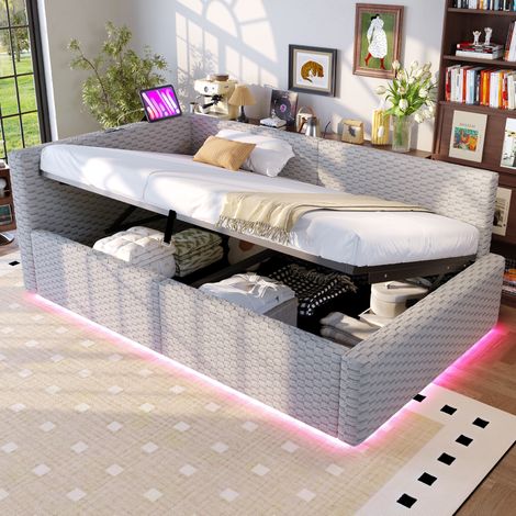 Base de cama 90x200 cm gris de terciopelo con LED y USB, ahorra espacio, sin colchón – MEUBLIV (1/5)