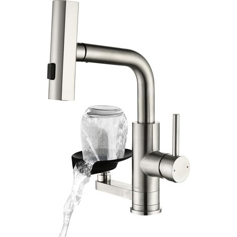 Robinet Cuisine Lave-verres Mitigeur Extractible à 3 Modes de Sortie Mitigeur Robinet Cuisine Douchette Lave-verres, 3 Flux, Rot 360°, Acier 304 Brossé Adapté Cuisine, Bar, salle de Bain (1/5)