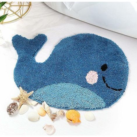 Tappetino da bagno blu - Tappetino antiscivolo a forma di balena, assorbente e lavabile in microfibra. (1/4)