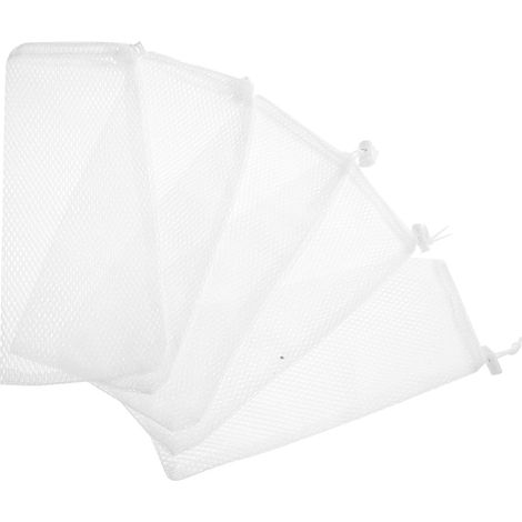 Kordelzugpaket zum Füttern von Wildvögeln und anderen, weißes Polyesternetz, 5-teiliges Set, leicht zu reinigen, verhindert die Ausbreitung von Samen, für Garten und andere (1/5)