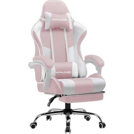 Chaise Gaming Ergonomique de Massage,avec Repose-Pieds et Accoudoirs Synchronisés Fauteuil Gamer Pivotant, en Tissu (Rose) (1/5)