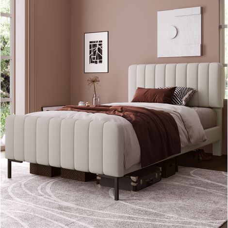 Polsterbett Leinen Grau-Beige 90x200 cm mit Lattenrost und höhenverstellbarem Kopfteil (1/5)
