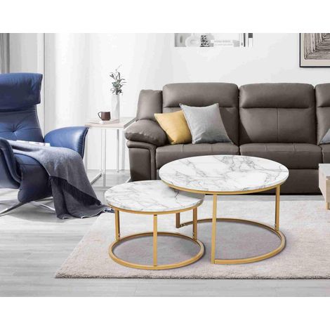 Mmilo Art Deco Marble Nesting Coffee Table - MDF - White