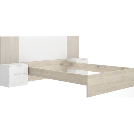 Ensemble de Tête de lit avec 2 tables de chevet de 2 tiroirs et structure de lit, 140x190 cm imitation lamelles, blanc, chêne naturel (1/5)