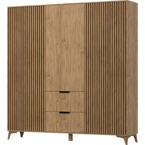 Les Tendances – Armoire de chambre 185x60x192 cm en bois clair rainuré – 3 portes, 2 tiroirs, 6 étagères – Fabrication européenne (1/5)