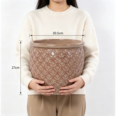 Pot céramique artisanal Ø30,5 cm, beige brillant, relief pièce, respirant, antigel, drainage, pour plantes d'intérieur, balcon urbain et rebord de fenêtre. (1/5)
