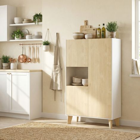 Credenza da soggiorno, mobile contenitore con 6 scomparti e ante a chiusura ammortizzata, 80x40x135 cm, bianco e legno naturale