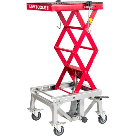 Mw Tools – Lève-moto hydraulique mobile 135 kg – Hauteur levée 870 mm – Table 410 x 340 mm – 4 roues pivotantes – MSB135
