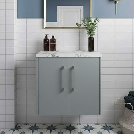 Hudson Reed Juno Wall Hung 2-Door Vanity Unit with Carrera Marble Worktop 600mm Wide - Coastal Grey (1/4)