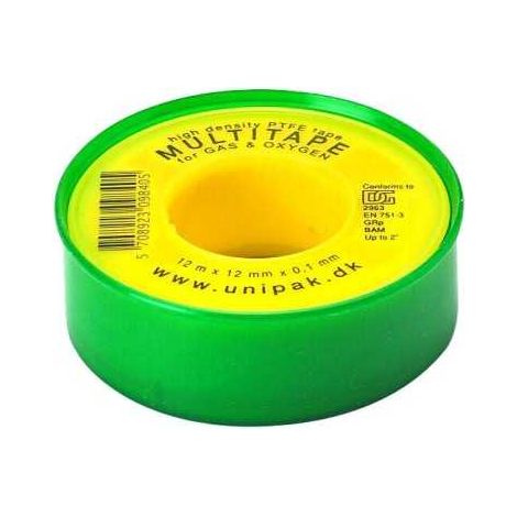 Ruban Teflon PTFE MULTITAPE 12m x 12mm x 0,10mm – Homologué gaz et eau potable – Température -200°C à +260°C – Pression max 60 bar – Unipak