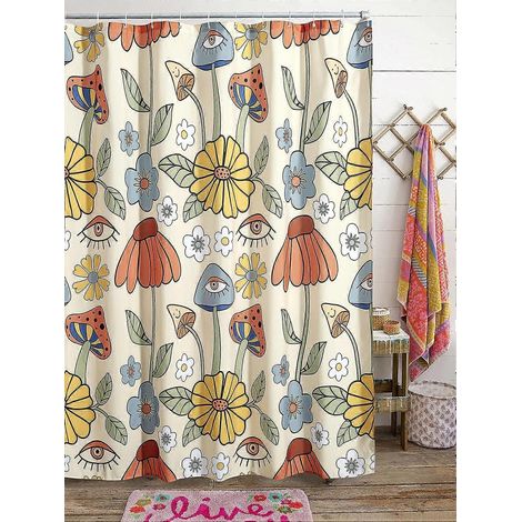 Rideau de douche rétro années 70, motif floral psychédélique jaune et orange, champignons funky, fleurs et yeux, décoration de salle de bain style hippie vintage, 180 x 180 cm (1/5)